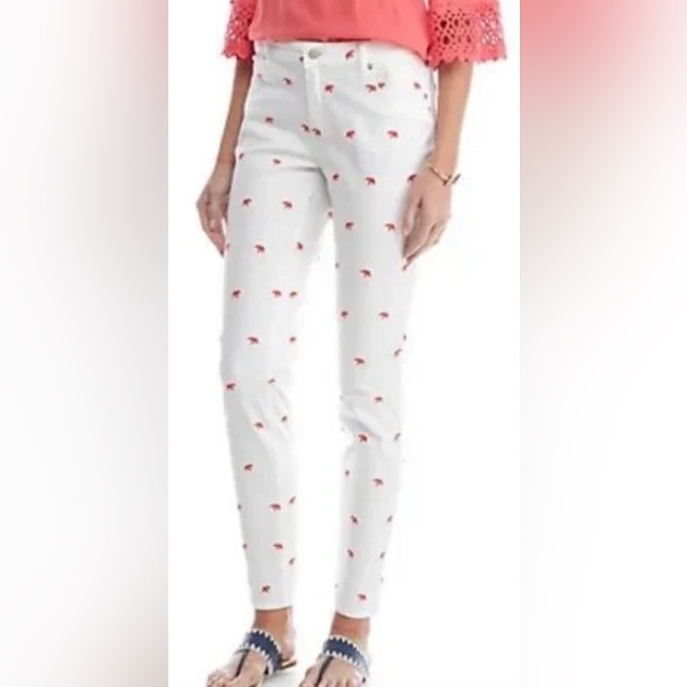 Crown & Ivy white jeans w/ pink embroidered elephants, straight leg, Sz 10 EUC